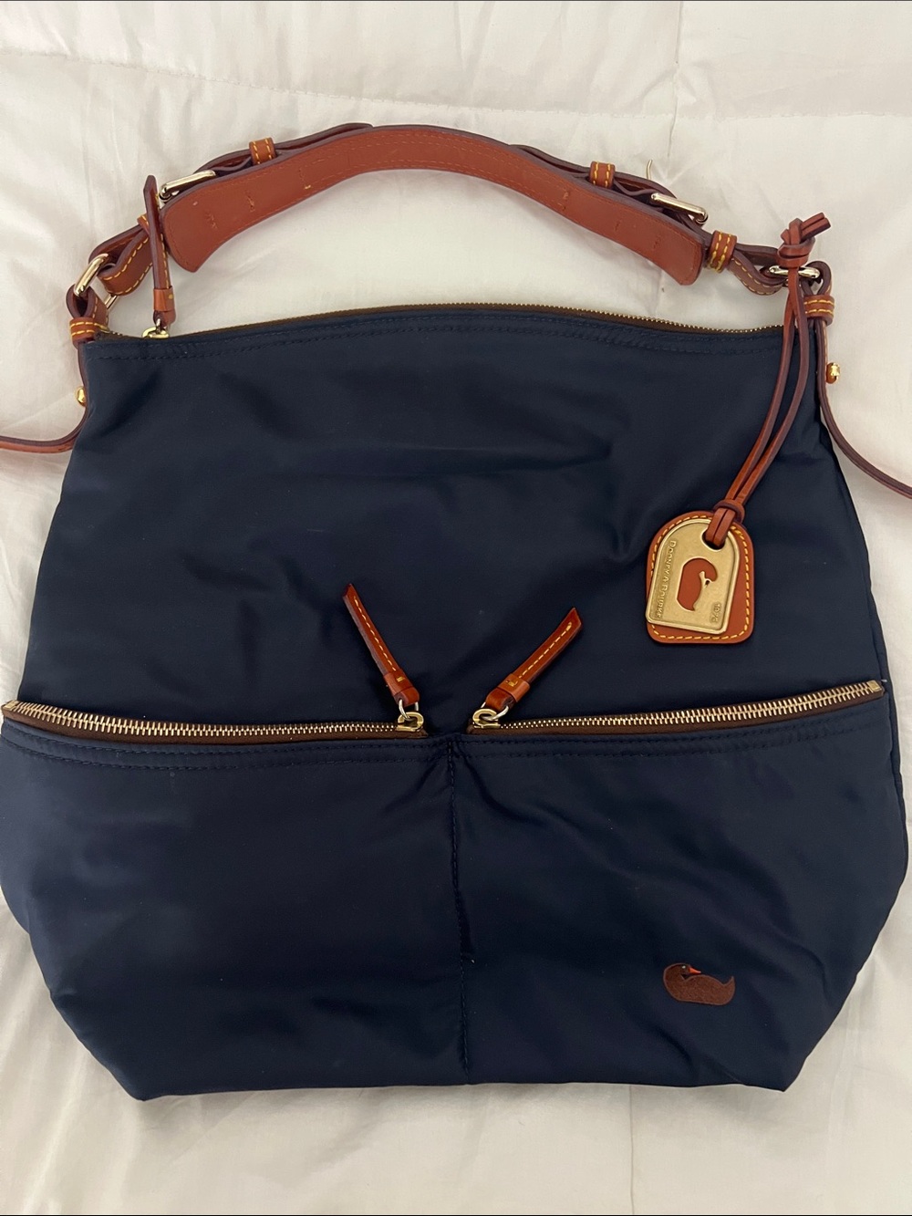 Dooney & Bourke Navy Shoulder Hobo Bag with Tan Leather Trim